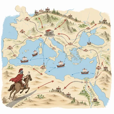 Simplified Roman Empire map showing long routes, ships, messengers, and border forts.