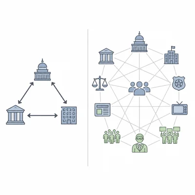 A comparison of a closed three-part triangle and a broader issue network with many connected participants.