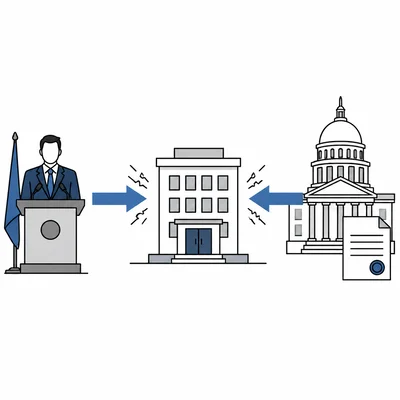 An agency building shown between the president and Congress, with arrows indicating conflicting pressures.