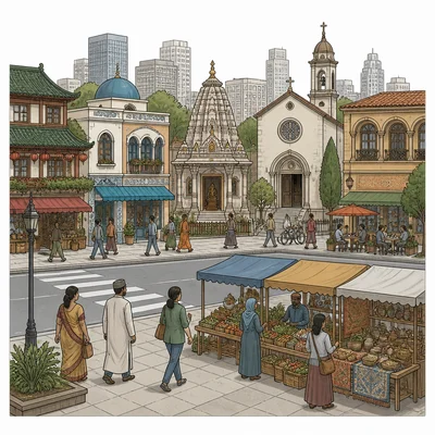 Urban streetscape showing diverse cultural features in buildings, markets, and places of worship.