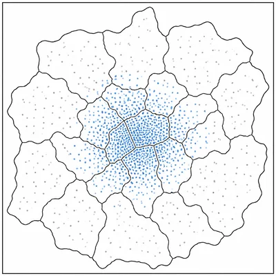 Map diagram showing a minority population cluster split among several voting districts.
