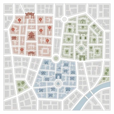 Simplified city map showing several distinct ethnic enclave neighborhoods within a larger city.