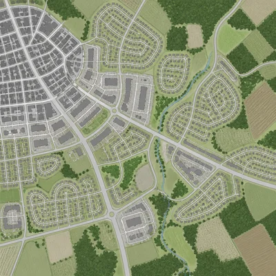 Low-density suburban development spreading into open land.