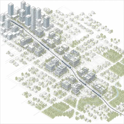Light rail connecting dense mixed-use neighborhoods around stations.