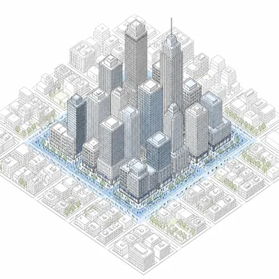 Dense downtown core with tall buildings, shops, streets, and pedestrians.