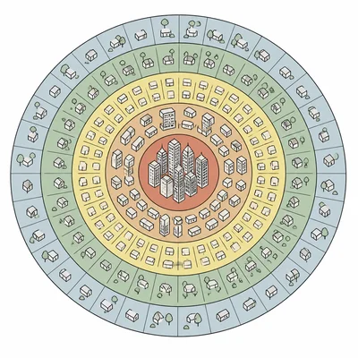 Concentric rings representing an urban land use model.
