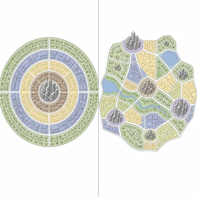 Comparison of a single-center ring model and a city with multiple activity centers.