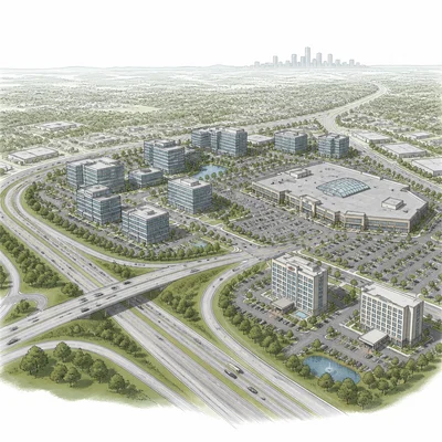 Suburban office park, mall, hotels, and freeway access far from downtown.