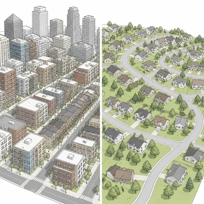 Dense urban housing contrasted with low-density suburban housing.