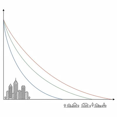 Bid-rent graph with downward-sloping curves showing changing land value with distance.