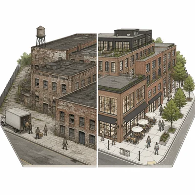 Old warehouses transformed into upscale apartments, cafes, and galleries.