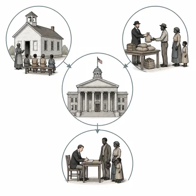 Diagram showing Reconstruction-era aid services such as education and food assistance.