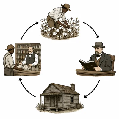 Diagram of a sharecropping cycle with a farmer, landowner, cotton field, cabin, and supply store connected by arrows.