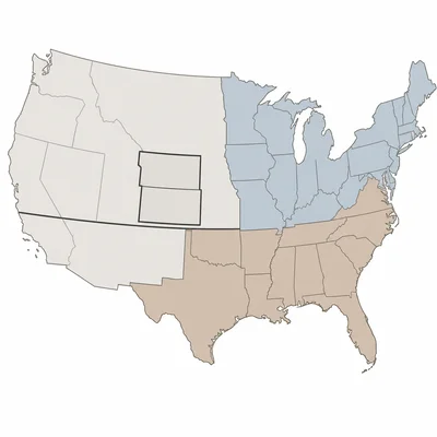 Unlabeled map showing a compromise line and highlighted central plains territories.