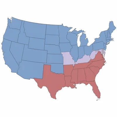 Unlabeled 1860 U.S. map showing northern, southern, and border state regions in different colors.