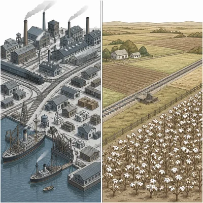 Visual comparison of industrial and transportation resources versus agricultural farmland.