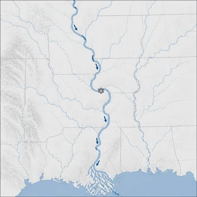 Unlabeled map of a river valley with a fortified city and movement arrows, representing Vicksburg's strategic location.