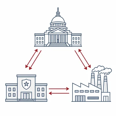 Triangle diagram connecting government, military, and industry icons with arrows.