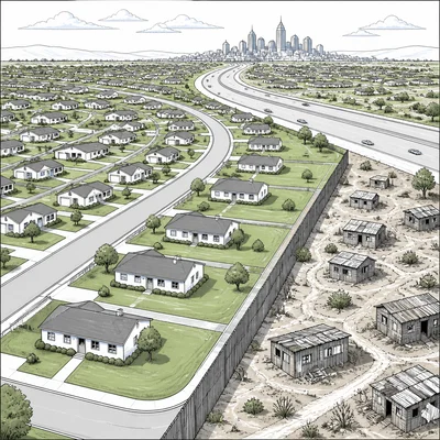 Aerial diagram of 1950s suburbs, highway, city skyline, and a barrier suggesting inequality.