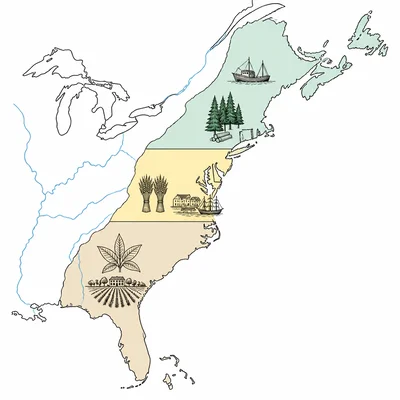 Map of the eastern British colonies divided into three regions with icons for fishing, wheat farming, and tobacco plantations.
