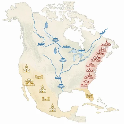 Map of North America showing British settlements, French river trade networks, and Spanish missions and forts.