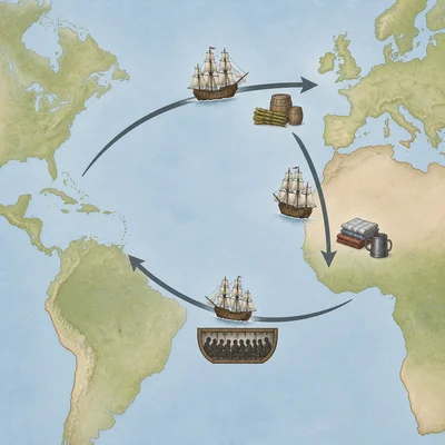 Atlantic World diagram showing triangular trade routes connecting Europe, Africa, and the Americas.