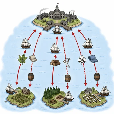 Diagram of regulated trade between Britain and its colonies using ships, arrows, raw materials, and manufactured goods.