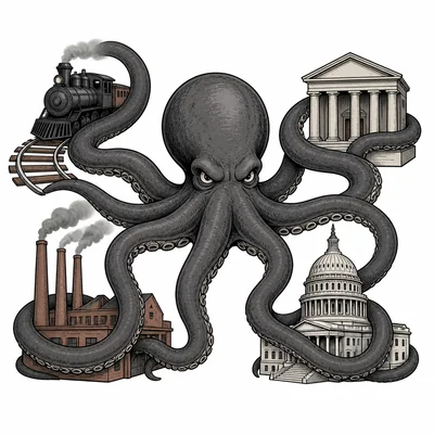 A giant octopus wraps its tentacles around railroads, a bank, factories, and a capitol building.
