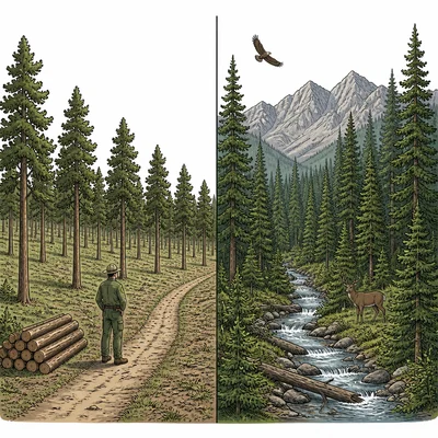 A split scene contrasts managed forest resource use with untouched wilderness preservation.
