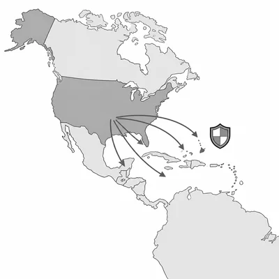 A map shows arrows from the United States toward the Caribbean and Central America, suggesting intervention in Latin America.