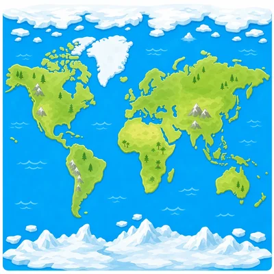 A world map with icy polar regions at the top and bottom.