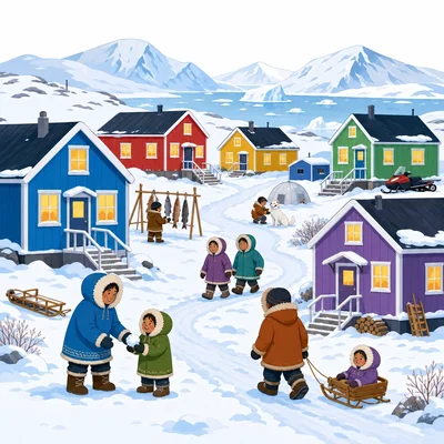 A small snowy Arctic community with houses and people.