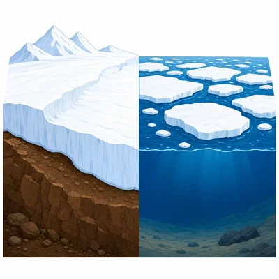 A split view of ice over land and sea ice over ocean.
