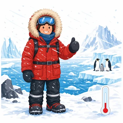 A scientist in heavy winter clothing standing in snow and ice.