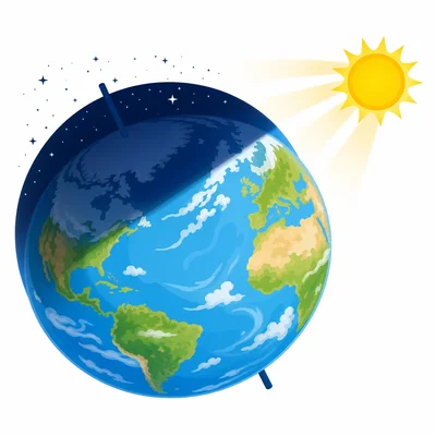 A tilted Earth with the northern polar area in darkness away from the sun.