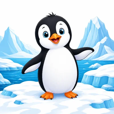 A penguin standing on snowy ice near glaciers.