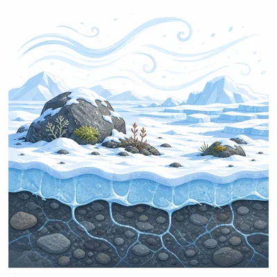 Tiny plants growing in a snowy, icy polar ground scene.