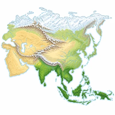 Unlabeled map-style diagram of Asia showing diverse physical regions.