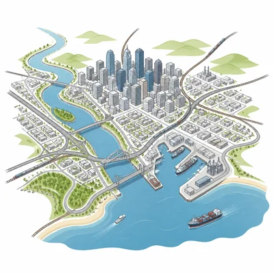 Large city near a river, harbor, bridges, roads, and rail lines.