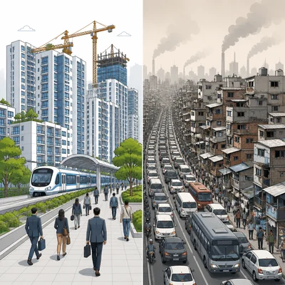 Rapid urbanization shown with new development and crowded city problems.
