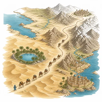 Camel caravan route crossing deserts, mountains, oases, and towns.