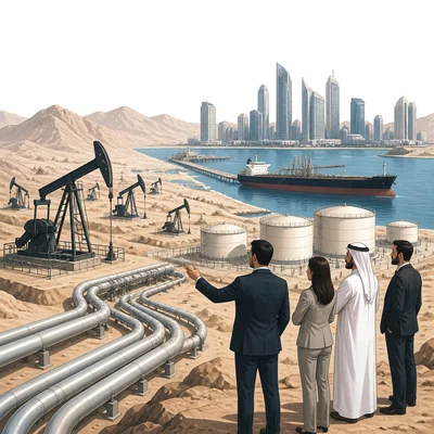 Oil and natural gas infrastructure near a desert city and port.