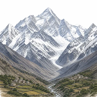Snowy mountain range with villages in lower valleys.