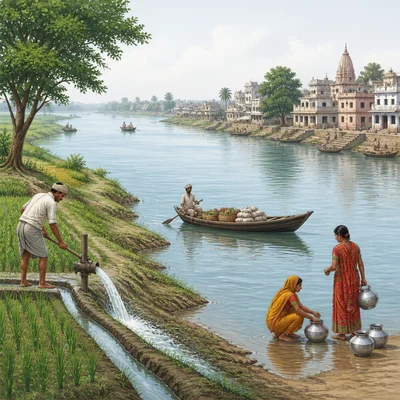 People using a large river for farming, water, transportation, and settlement.