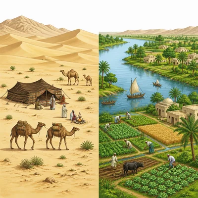 Desert landscape contrasted with a busy green river valley.