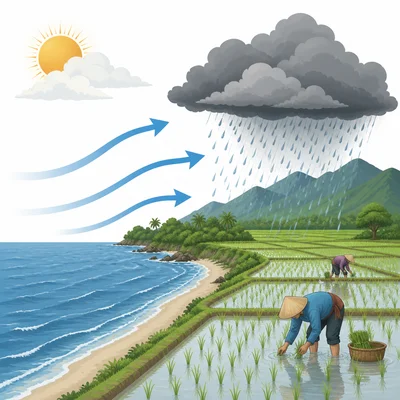 Monsoon winds bring rain from the ocean to farmland.