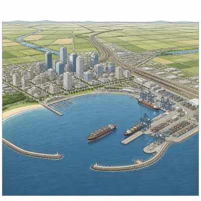 Coastal city beside a deep harbor with ships and transportation links.