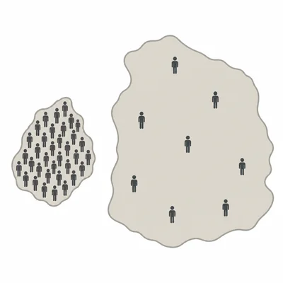 Two land areas showing high and low population density with person icons.