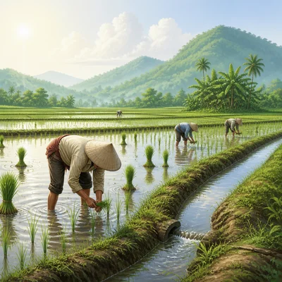 Flooded rice paddies with warm sunlight and irrigation.