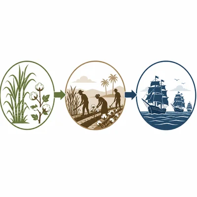 Cause-and-effect chain from plantation crops to forced labor to increased Atlantic slave trade.